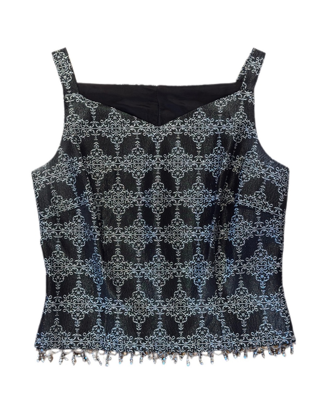 Cachet Black/Silver Damask Beaded Hem V-Neck Sleeveless Satin Top Size 4